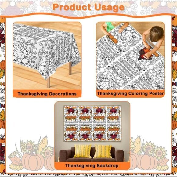 Thanksgiving Decorations Indoor Paper Coloring Tablecloth Wall Decor 54" x 88" - Picture 3 of 6